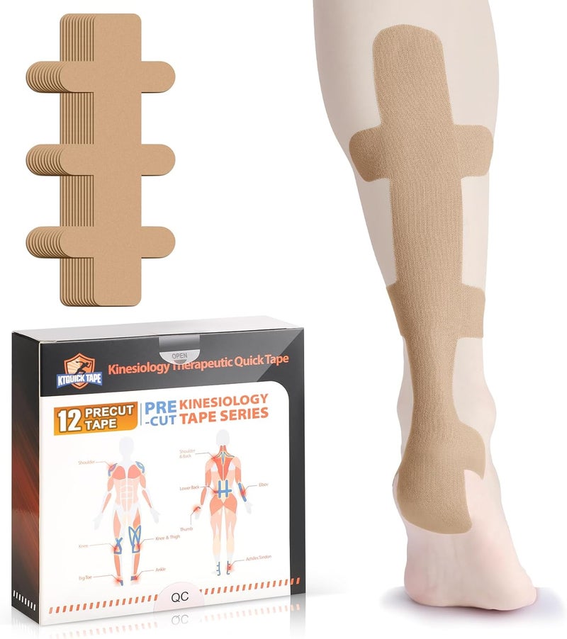 KTQUICK Store Kinesiology Tape for Achilles Tendon, 12 Count Achilles Tendon Tape Precut, Original Cotton Waterproof&Breathable, Enhance Elastic Kinesiology Athletic Tape for Achilles&Muscle Support(Beige) - Image 1